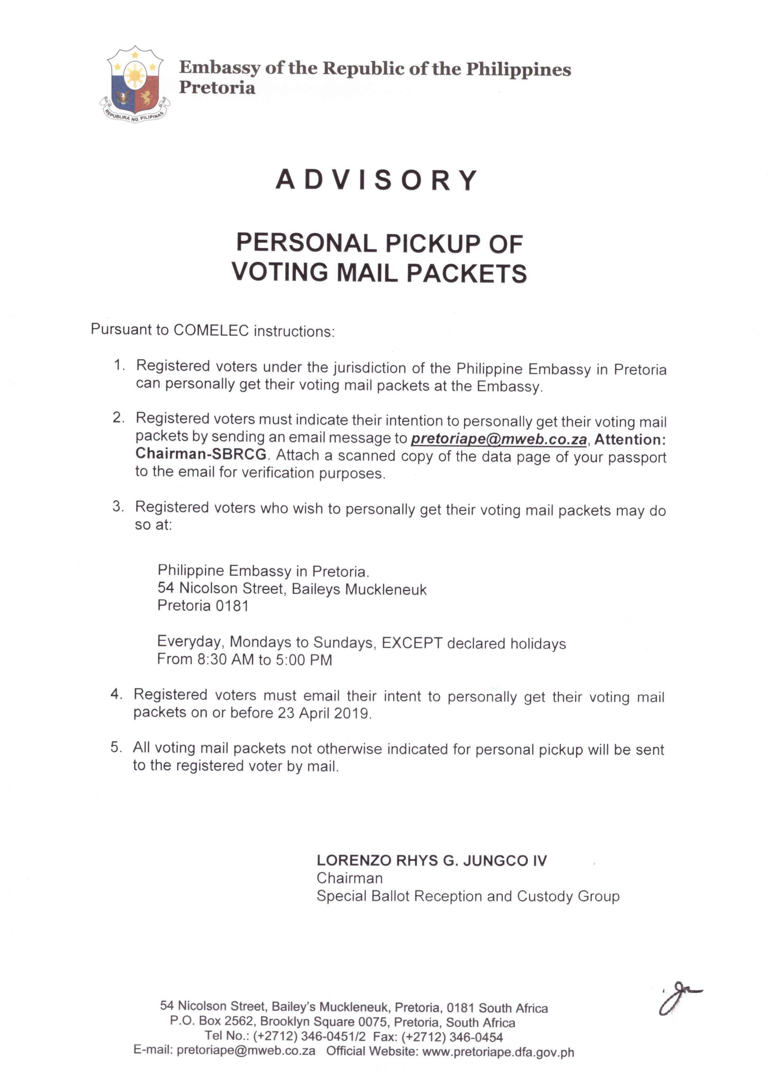 2019 Comelec Advisory Personal Pickup of Ballots