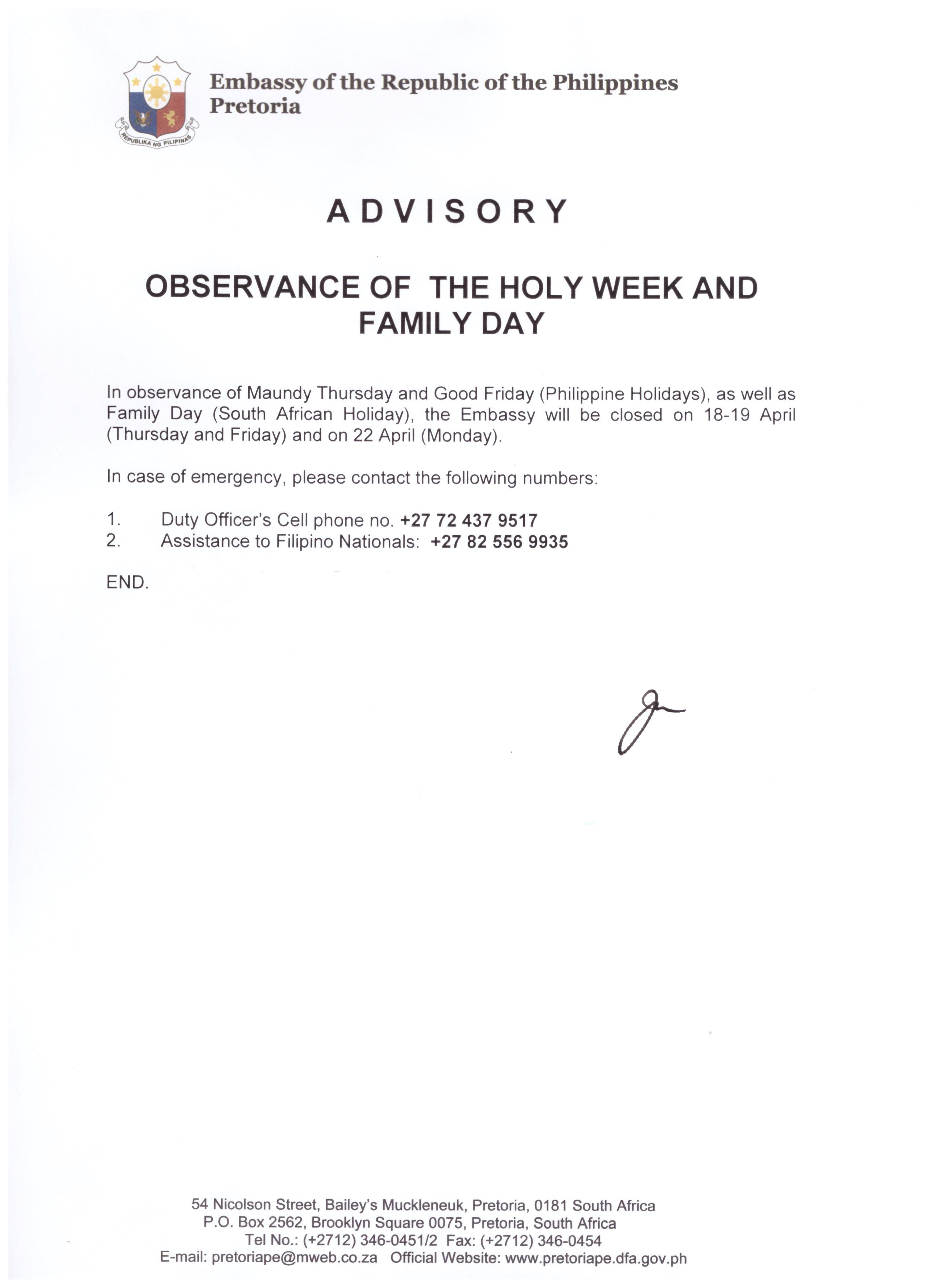 2019 Holy Week Advisory