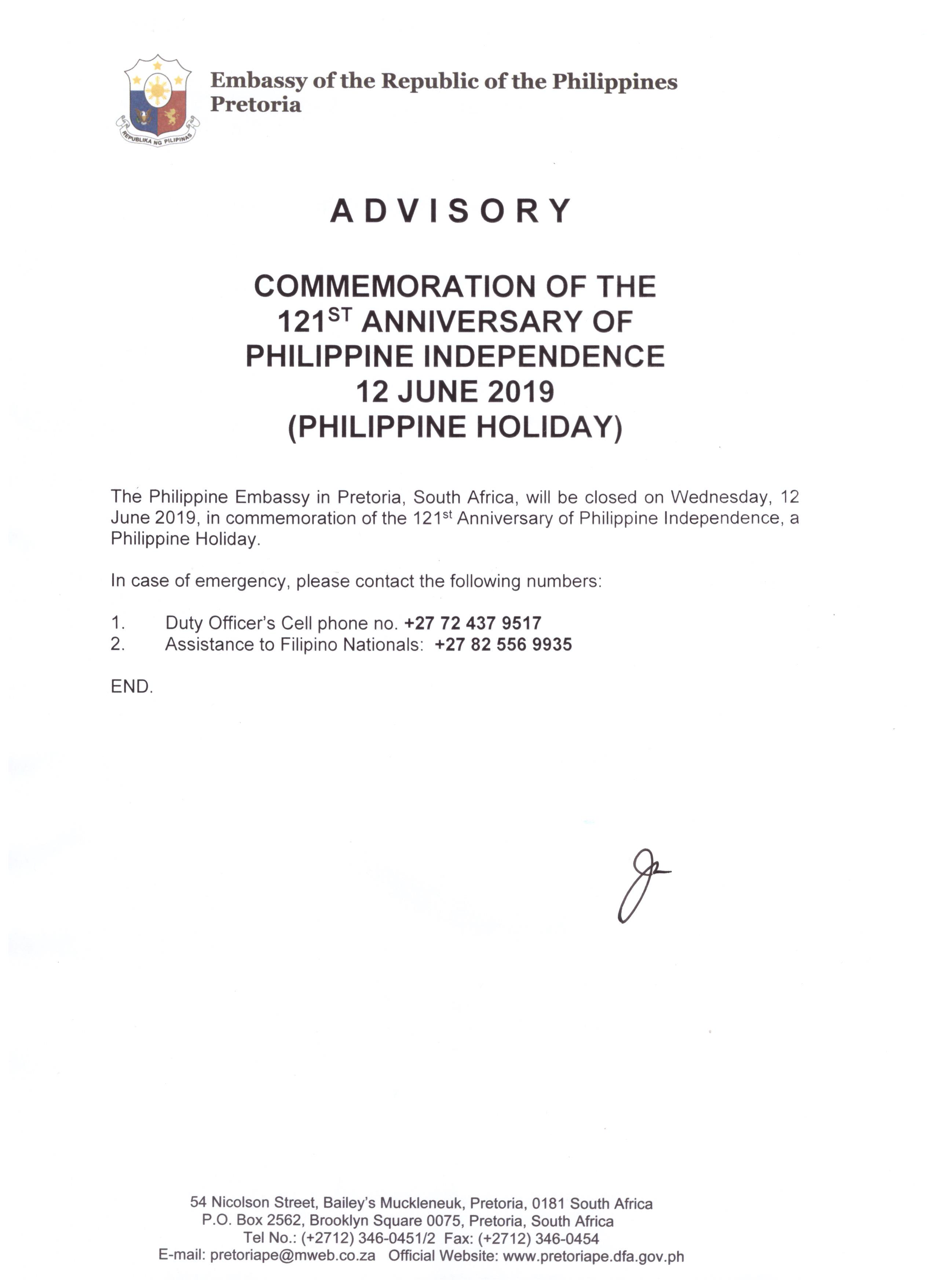 2019 Independence Day Advisory