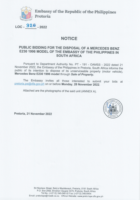 Disposal Activities 2022 Notice for the Public Bidding of Mercedes Benz