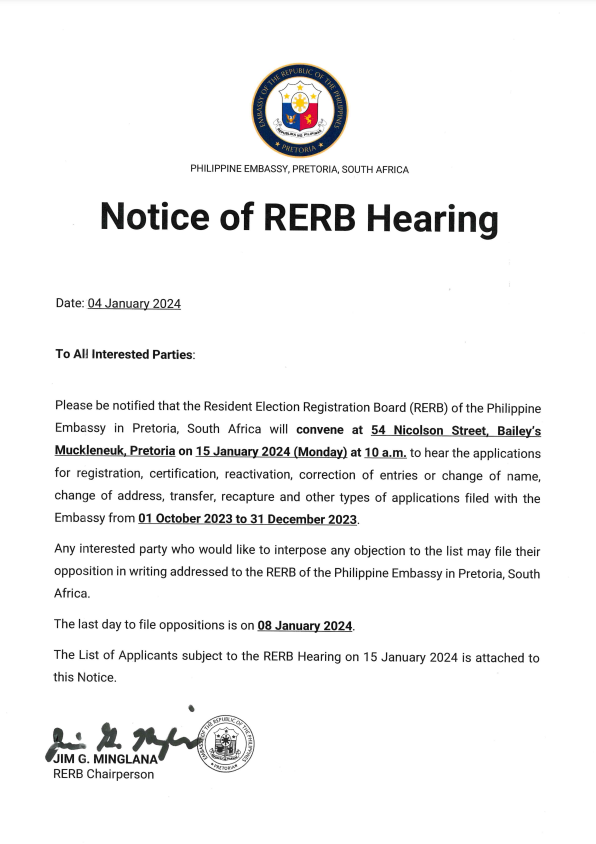 Notice of RERB Hearing 15 January 2024