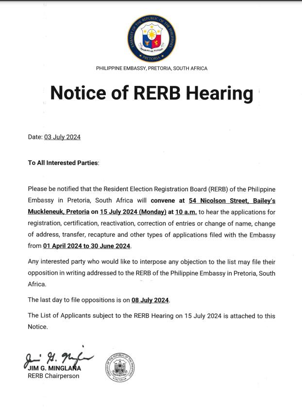 Notice of RERB Hearing 15 July 2024