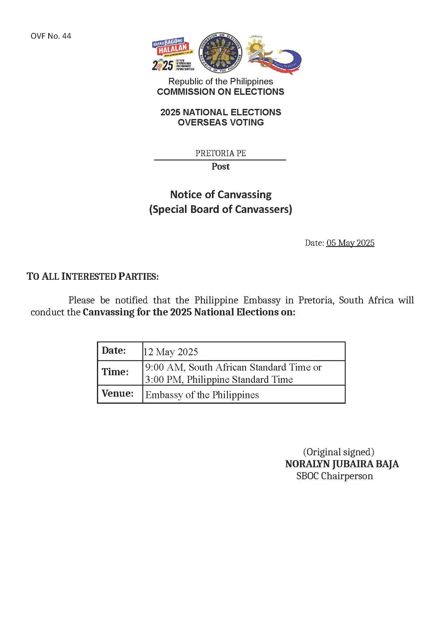 Notice of Canvassing