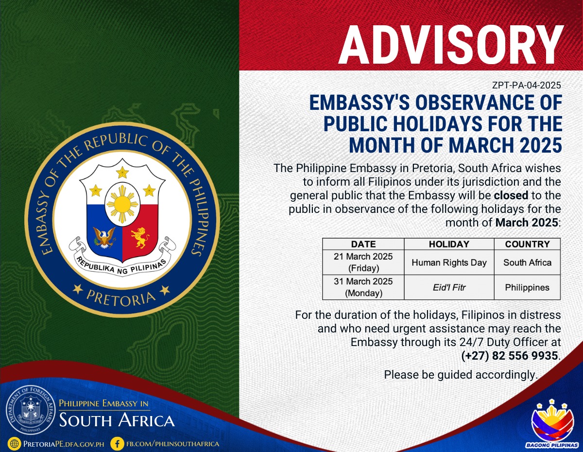 ZPT PA 04 2025 Embassys Observance of Public Holidays for the month of March 2025