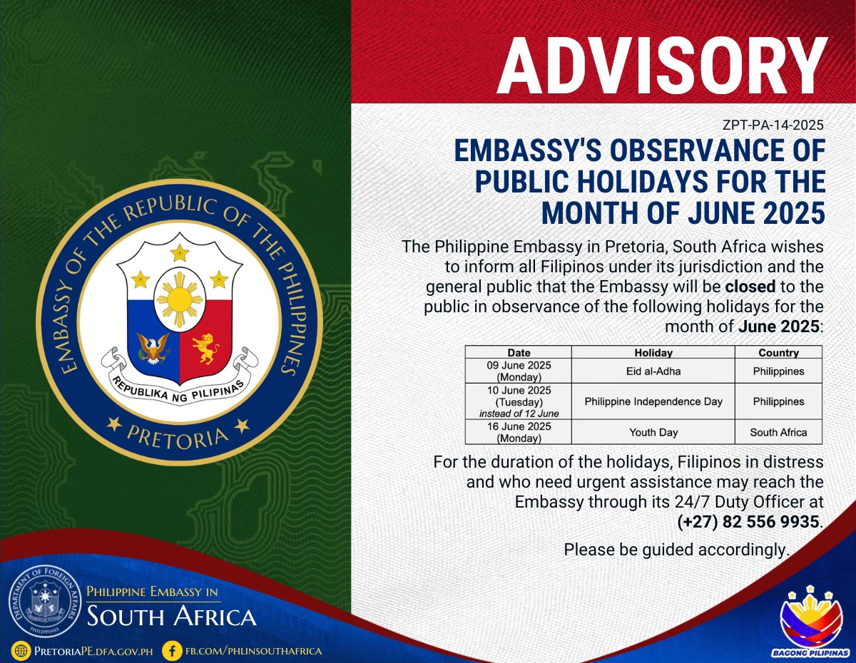 ZPT PA 14 2025 Embassys Observance of Public Holidays for the Month of June 2025