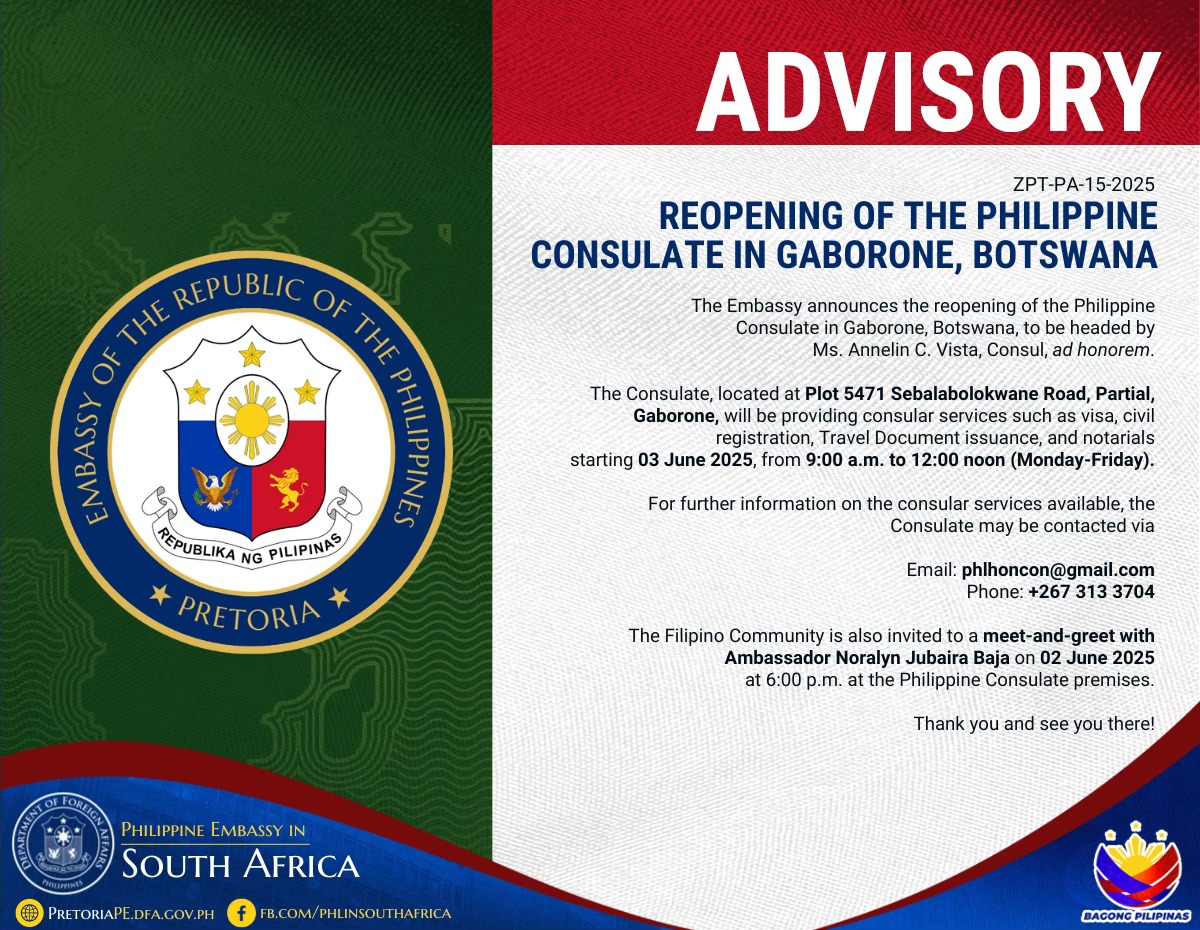 ZPT PA 15 2025 Reopening of the Philippine Consulate in Gaborone Botswana