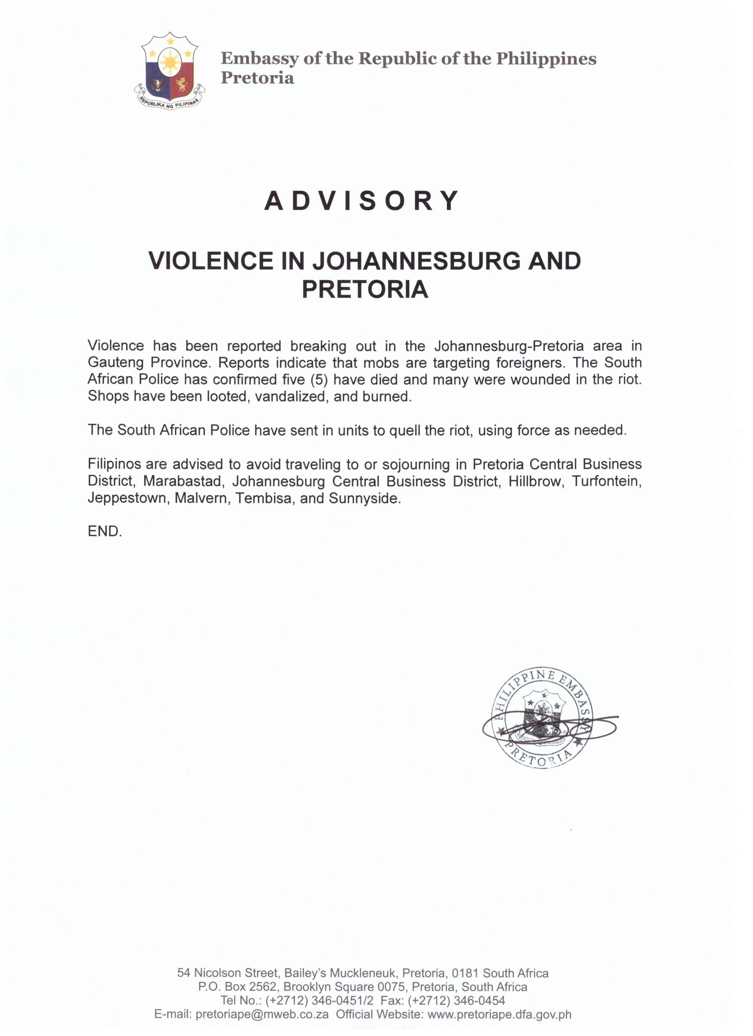 Advisory Riot in Pretoria and Joburg