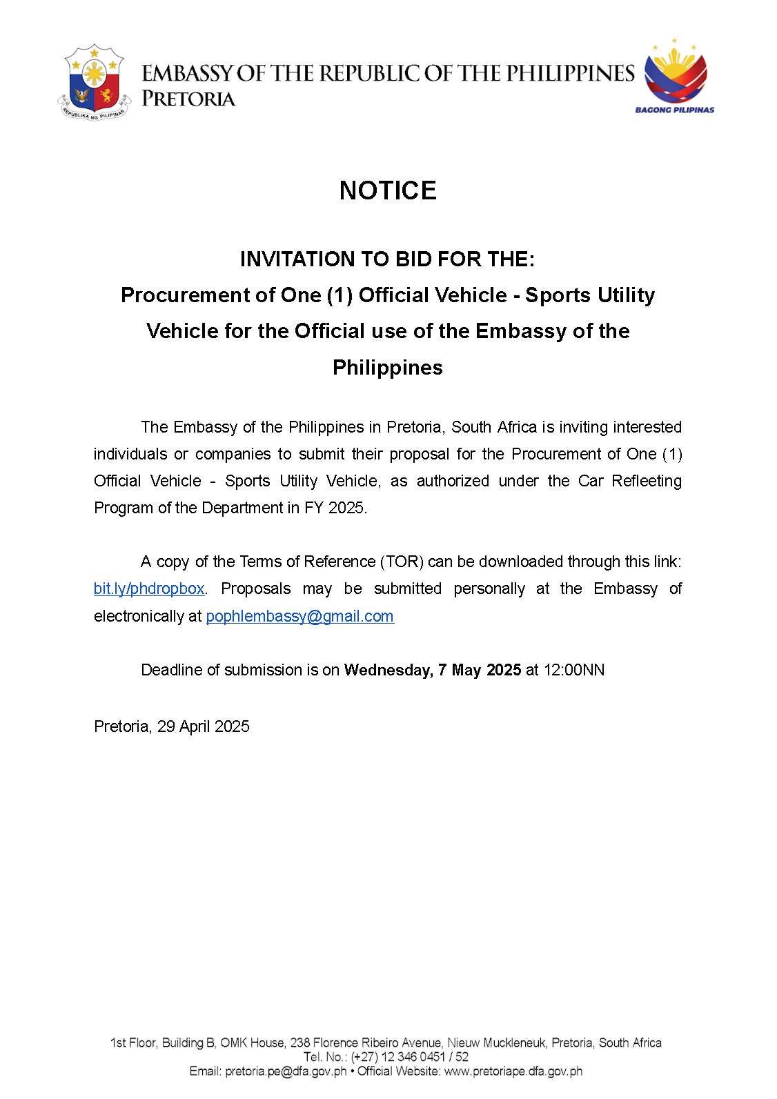 Notice to Bid 29 April 2025
