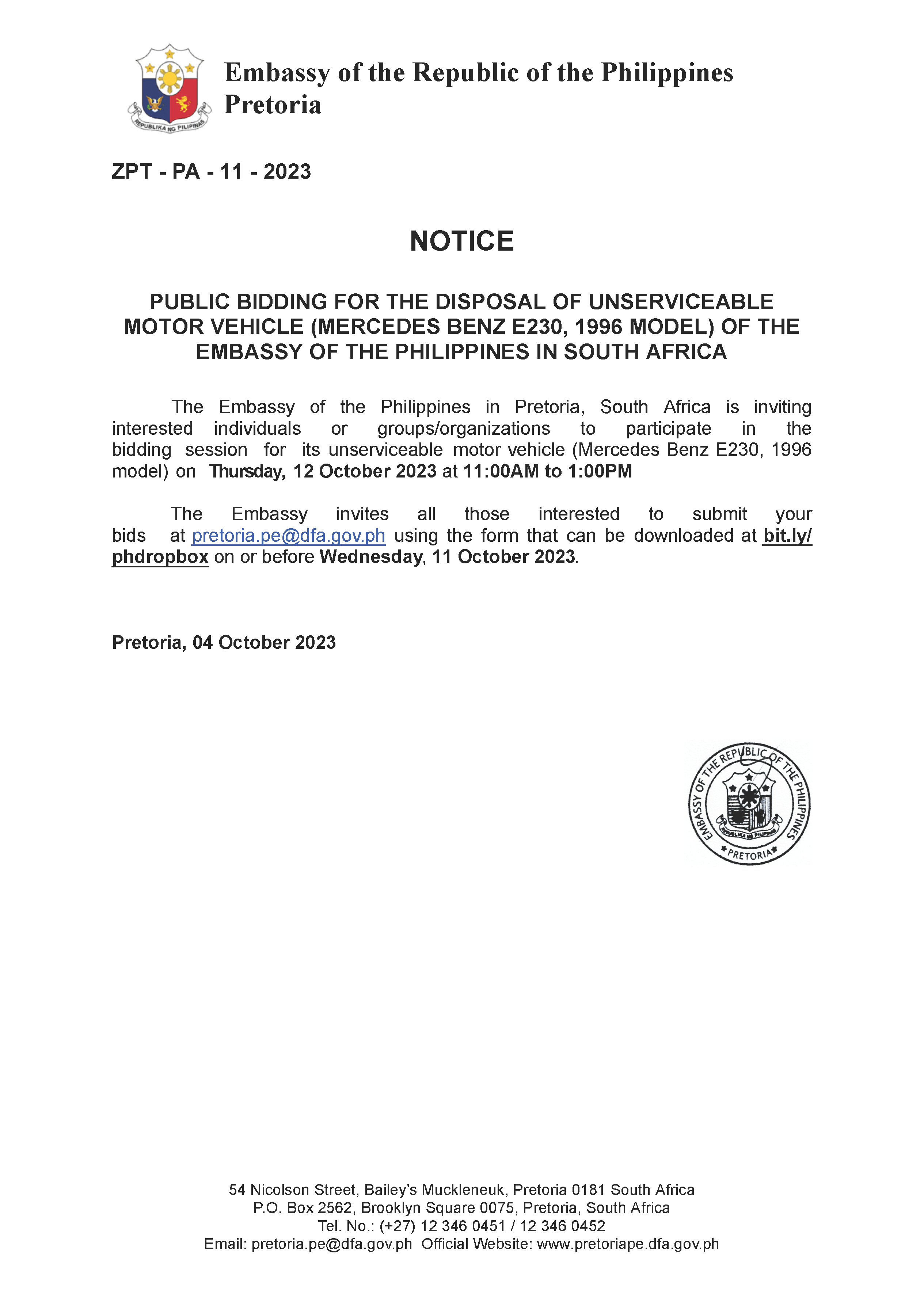 Pretoria PE 04 October 2023 Notice of Public Bidding