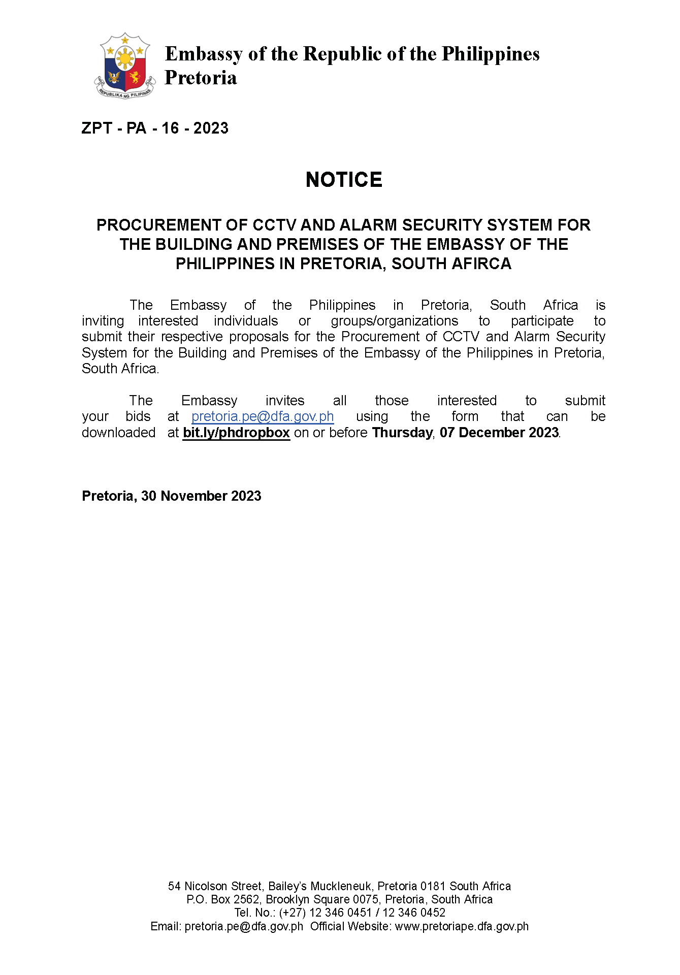 Pretoria PE 30 November 2023 Notice for Posting at the Official Website