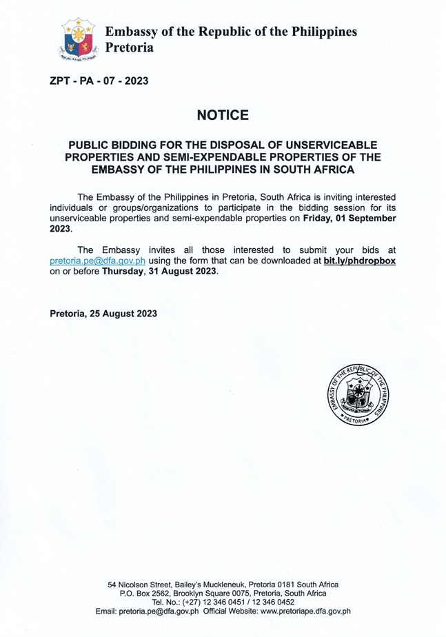 ZPT PA 07 2023 25 August Notice of Public Bidding for the Disposal of Unserviceable Properties and Semi Expendable Properties